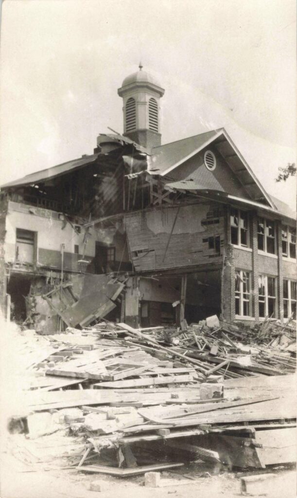 Damaged Building With Debris Scattered.