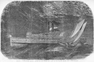 Black-And-White Engraved Scene Of A Large Steamship And A Sailing Schooner Colliding In Rough Waves Under A Dark, Stormy Sky.