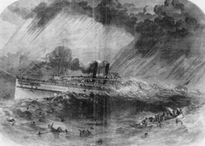 Black-And-White Illustration Of A Large Sidewheel Steamship In Heavy Waves With Many People In The Water And A Crowded Lifeboat Nearby Under Dark Storm Clouds.
