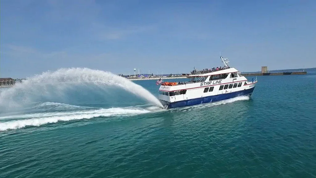 Star Line Mackinac Island Hydro-Jet Ferry's &Quot;Marquette Ii&Quot; Hydro-Jet Fast Ferry Leaving The Mackinaw City Dock For Mackinac Island, Michigan.
