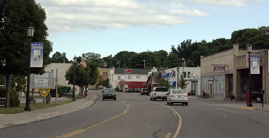 Looking south in downtown in St. Ignace, Michigan.