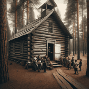 Dall·e 2023 10 27 06.41.51 Photo Of An Old Log Cabin Schoolhouse Surrounded By Tall Pine Trees. The Logs Darkened By The Years Are Stacked Horizontally With Corner Notches Vis