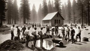 Dall·e 2023 10 27 06.48.38 Photo Of Young Men In The 1930S At A Civilian Conservation Corps Camp Situated In A Peaceful Woodland With Towering Pine Trees. A Simple Wooden Cabin