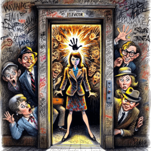 Dall·e 2023 11 25 04.42.00 A Cartoon Style Illustration Set In The 1960S Showing An Elevator With Its Doors Ajar Inside Which The Walls Are Covered With Wild Expressive Graff