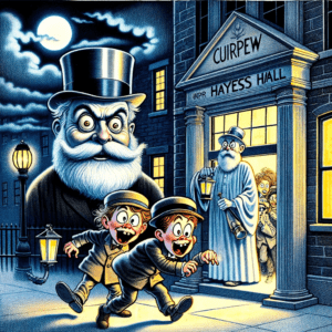 Dall·e 2023 11 25 04.44.15 A Humorous Exaggerated Cartoon Style Illustration Depicting Hayes Hall At Night With A Ghostly Aura. In The Foreground Two Wide Eyed Mischievous St