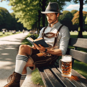 Dall·e 2023 11 25 07.52.19 A Man Wearing Traditional Lederhosen And A Felt Hat Sitting On A Park Bench. He Is Engrossed In Reading A Book With A Serene Expression On His Face.