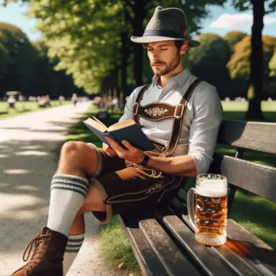 Dall·e 2023 11 25 07.52.19 A Man Wearing Traditional Lederhosen And A Felt Hat Sitting On A Park Bench. He Is Engrossed In Reading A Book With A Serene Expression On His Face. E1700916770409