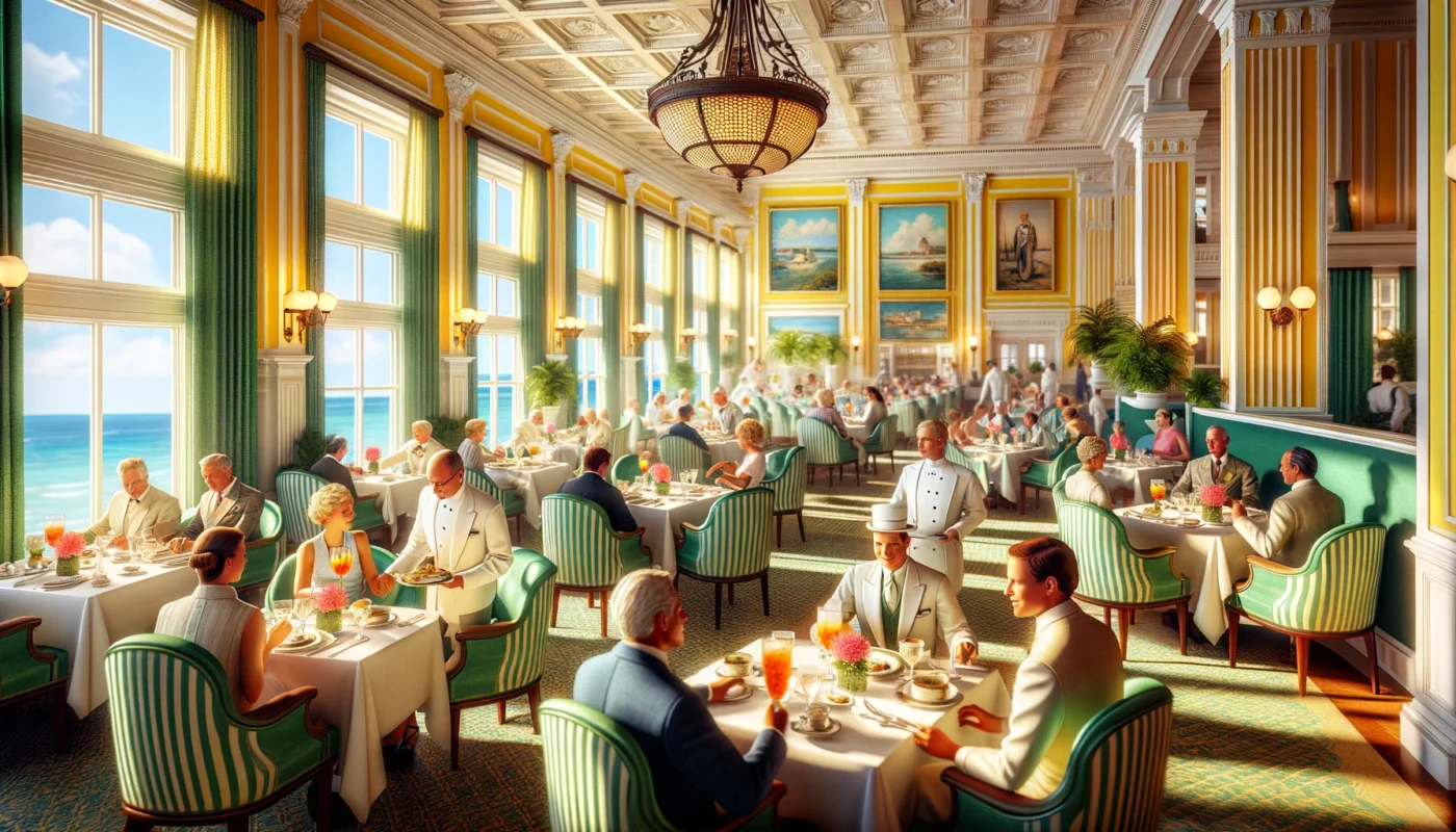 Dall·e 2024 05 10 08.59.44 A Sophisticated And Vibrant Dining Room Scene In The Style Of The Main Dining Room At The Grand Hotel On Mackinac Island. The Room Features Large Wind