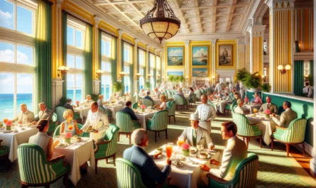 Dall·e 2024 05 10 08.59.44 A Sophisticated And Vibrant Dining Room Scene In The Style Of The Main Dining Room At The Grand Hotel On Mackinac Island. The Room Features Large Wind