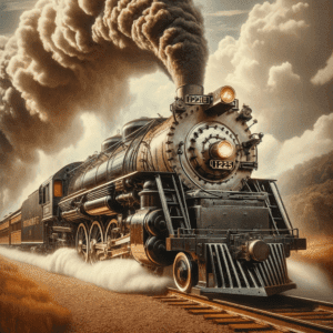 Dall·e 2023 12 30 05.22.07 A Vintage Steam Locomotive The 1225 Pere Marquette With Billowing Steam And An Imposing Presence Symbolizing The Golden Age Of American Railroading