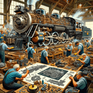 Dall·e 2023 12 30 05.25.30 An Illustration Showing The Intricate Process Of Restoring A Historic Steam Locomotive. The Scene Includes A Group Of Dedicated Preservationists And E