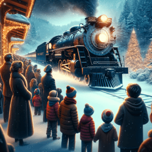 Dall·e 2023 12 30 05.32.41 A Heartwarming Scene Depicting A Family Watching The 1225 Pere Marquette Steam Locomotive Inspired By The Polar Express. The Image Shows A Diverse