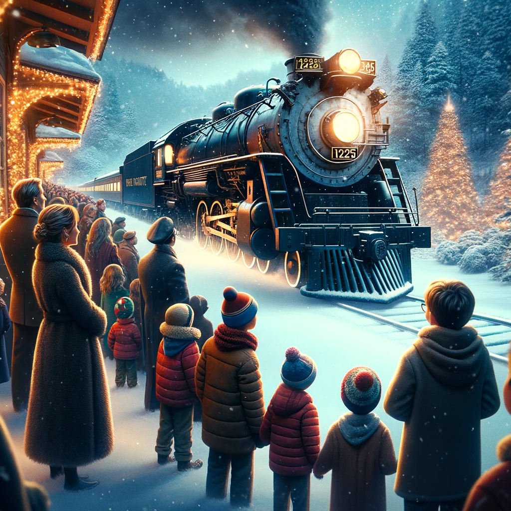 A Heartwarming Scene Of A Family Enjoying The Sight Of The 1225 Pere Marquette Steam Locomotive, Inspired By &Quot;The Polar Express,&Quot; Capturing The Festive And Magical Spirit
