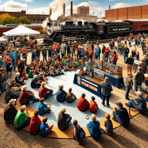 Dall·e 2023 12 30 05.34.09 A Vibrant And Engaging Scene Showing A Diverse Group Of People Including Families Students And Rail Enthusiasts Participating In An Educational Ev