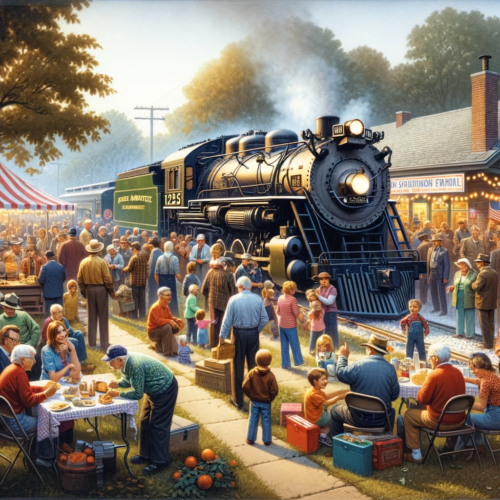 : Illustration Of A Community Gathering Around The 1225 Pere Marquette For A Special Event, Showcasing A Festive Atmosphere And Shared Appreciation. 
