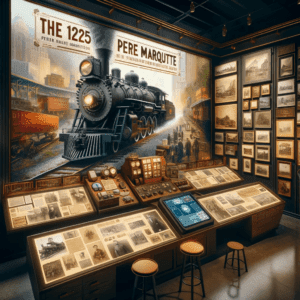 Dall·e 2023 12 30 05.36.15 A Captivating Image Representing The Exploration Of The 1225 Pere Marquettes History Through Various Mediums. The Scene Includes A Collection Of Hist