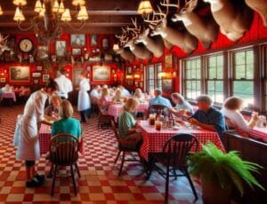 Dall·e 2024 05 10 09.06.20 A Vibrant And Eclectic Dining Room Scene In The Style Of The Woods Restaurant On Mackinac Island Featuring Dark Wood Beams Red Walls Adorned With Mo