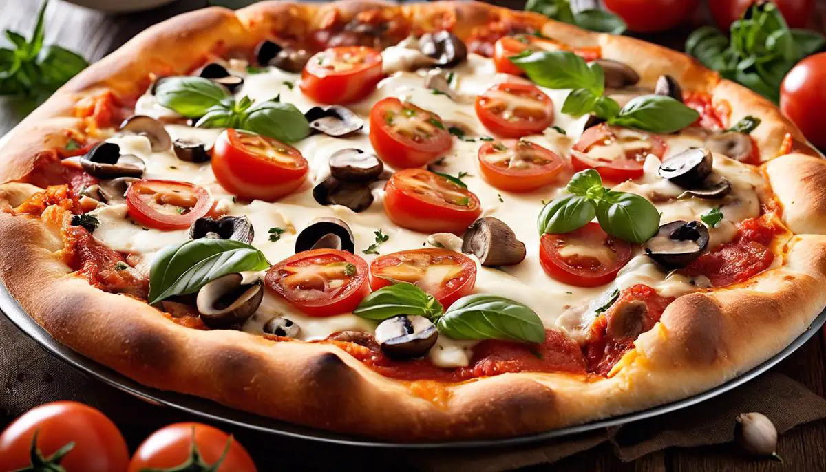 A mouthwatering Neapolitan-style pizza topped with fresh tomatoes, mushrooms, and melted mozzarella cheese