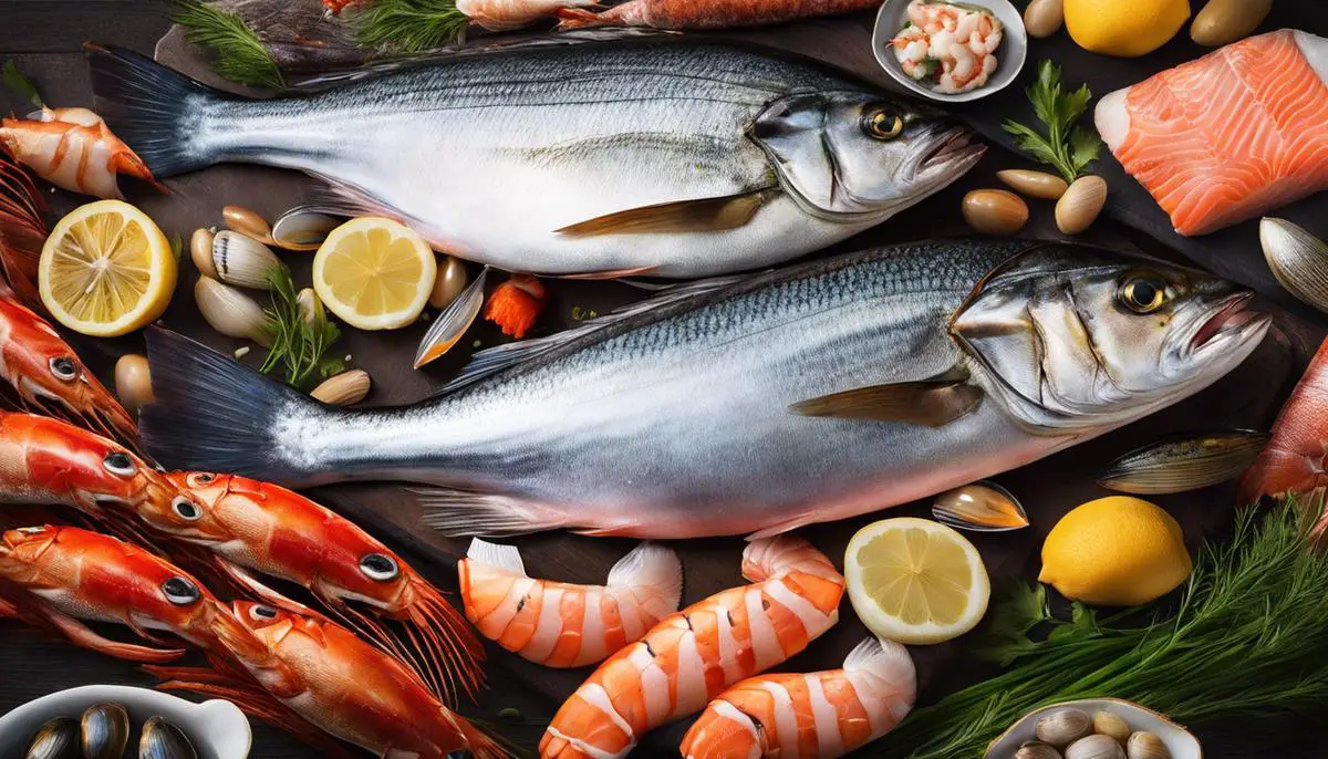 An image of a bountiful catch of fresh seafood, showcasing a variety of fish and shellfish.