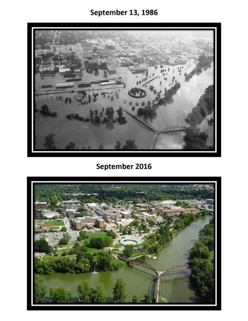 a collage of a city and a river