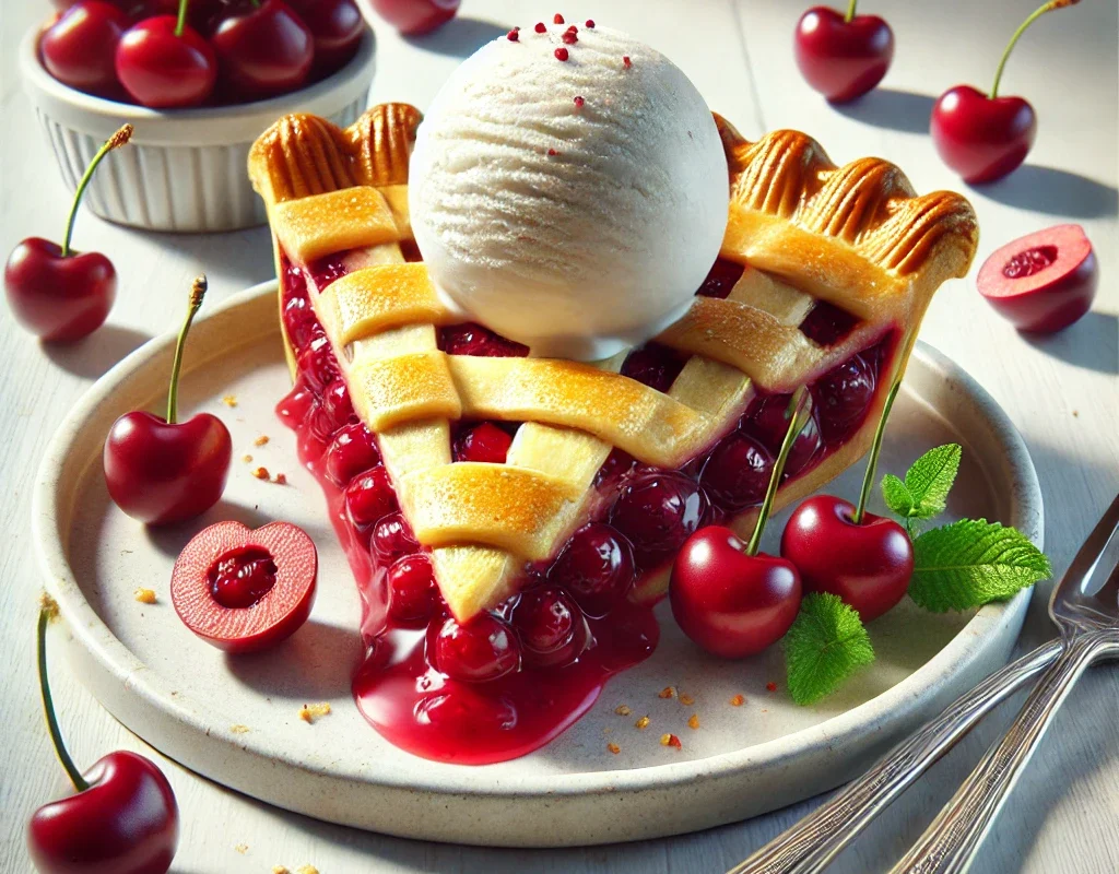 a plate of cherry pie with ice cream scoop and cherries