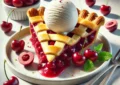 a plate of cherry pie with ice cream scoop and cherries