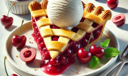 a plate of cherry pie with ice cream scoop and cherries