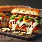 A Sandwich With Vegetables And Cheese On A Cutting Board