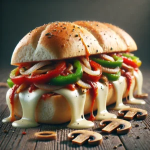 Dall·e 2024 09 01 15.14.15 Create A Photorealistic Rendition Of A Single Sandwich With Melted Mozzarella Cheese Marinara Sauce Sauteed Bell Peppers Onions And Mushrooms On A