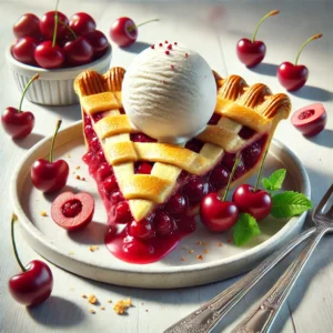 A Plate Of Cherry Pie With Ice Cream Scoop And Cherries