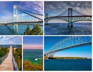 Firefly Create A Mosaic Collection Of Images Showcasing Michigans Iconic Grand Bridges And Historic