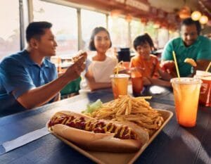 Firefly Picture Of A Family In A Busy Diner Eating Coney Island Hot Dogs. Its The Golden Hour And Th
