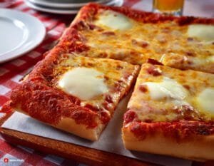 A Square Pizza With Cheese And Sauce On A Table