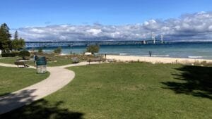 A View Of Mighty Mac Bridge From A Park In Mackinac City