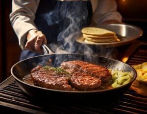 Firefly A Chef Grilling Marinated Steak On A Hot Cast Iron Skillet With Steam Rising And Fresh Tort