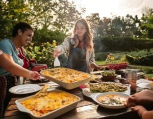 Firefly A Group Of Friends At An Outdoor Gathering Laughing And Enjoying Spoonbread Casserole As Pa