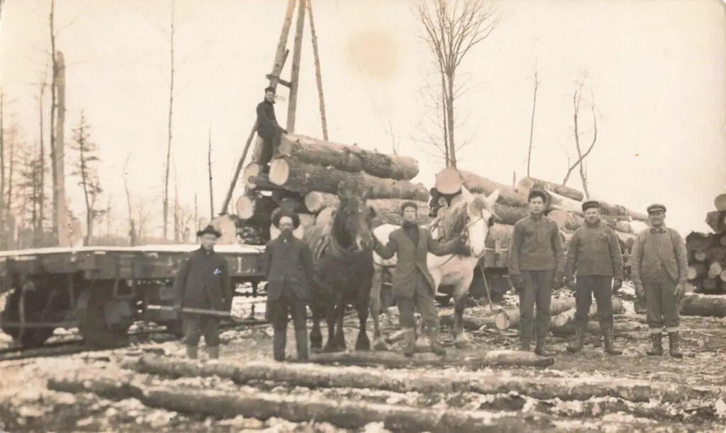 A Group Of Men Standing Next To A Horse And A Truck With Logs - Mio Michigan History