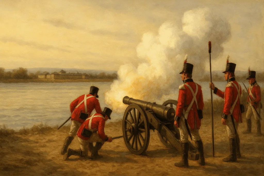 A Group Of Men In Red Uniforms Firing A Cannon