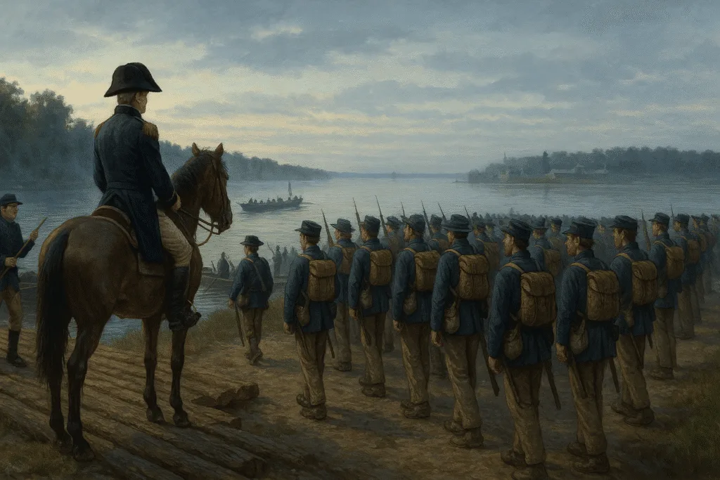 A Group Of Men Standing On A Dock With A Horse And A Man On A Horse