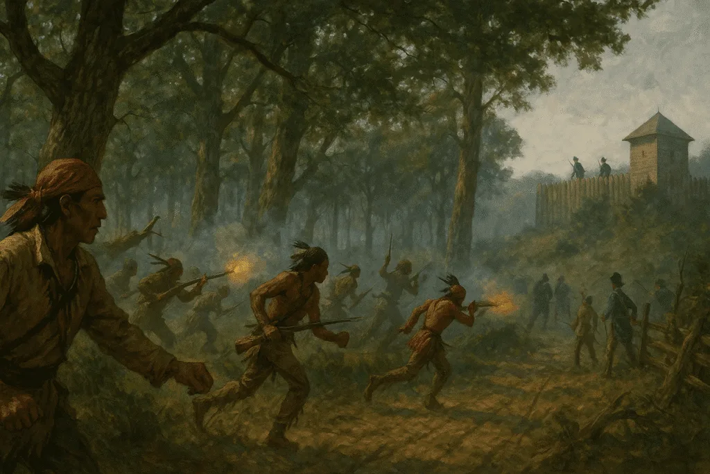 A Painting Of A Group Of People Running With Weapons