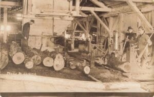 Sepia-Toned Photo Inside A Sawmill Showing Three Men Near Band-Saw Machinery And Log Carriages, With Cut Logs In The Foreground Marked “Cull.”