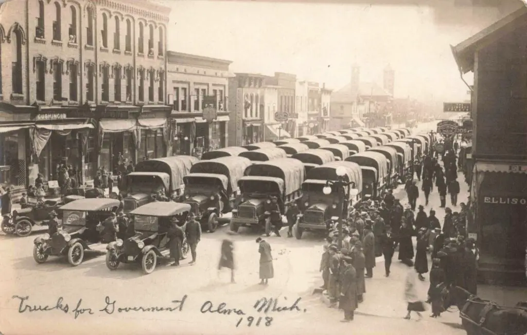 Historic Street Lined With Trucks.