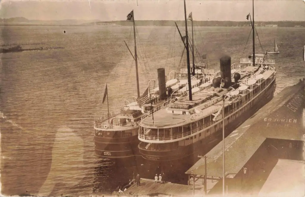 Historic Steamships Docked At Harbor.