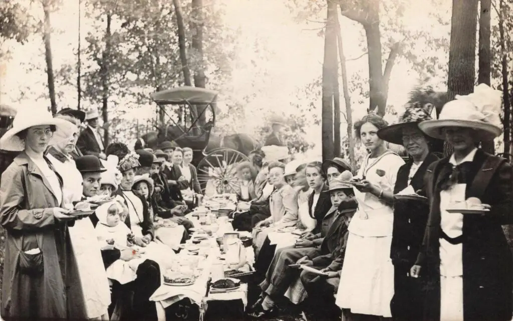 Group Picnic In A Forest Setting.