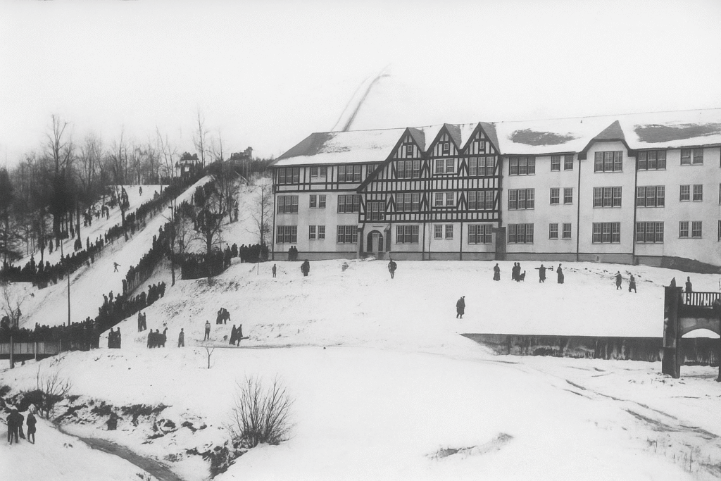 Historic Ski Lodge In Snowy Landscape.