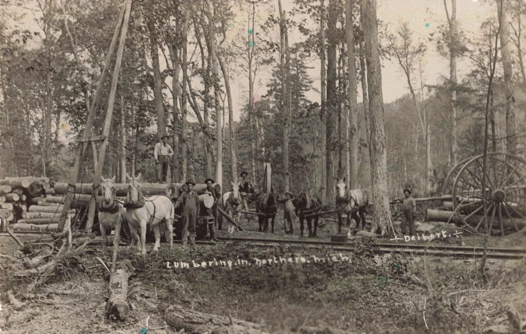 Historic Lumbering Scene With Horses. - Au Train Michigan History