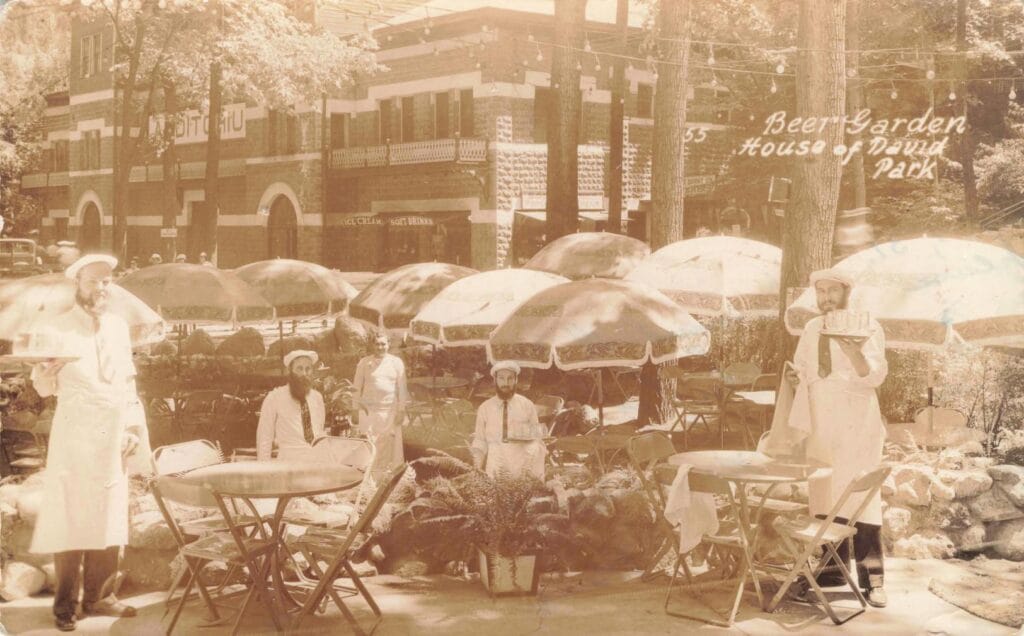 Vintage Beer Garden With Umbrellas.