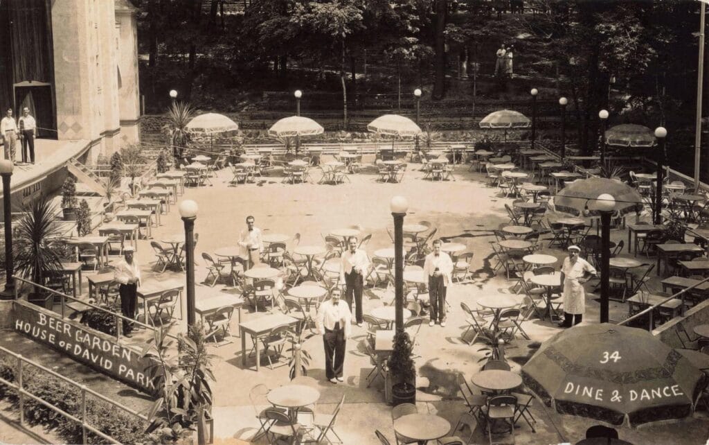 Historic Beer Garden With Waitstaff.