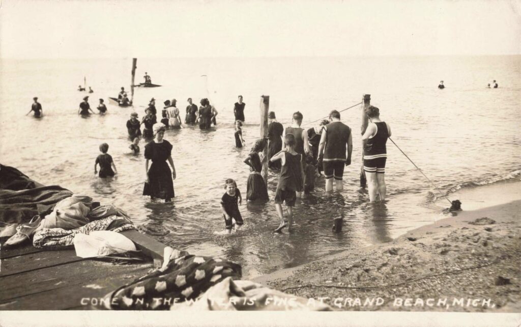 Vintage Beach Scene With Children Swimming.