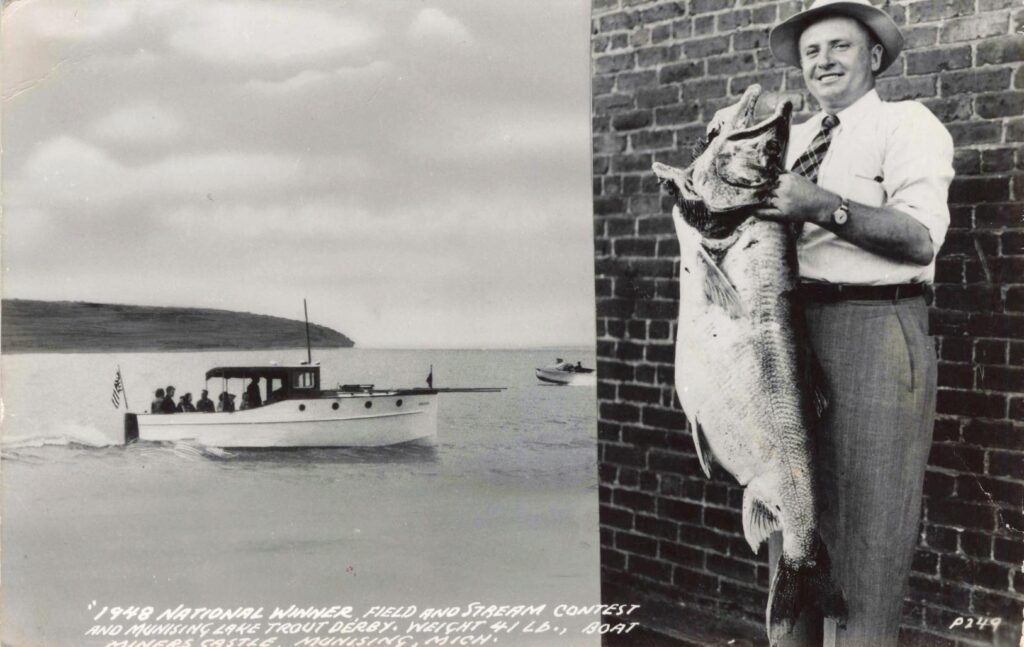 The 1948 National Winner Field And Stream Contest And Munising Lake Trout Derby. Weight 41 Lb. Boat Miners Castle Munising Mich
